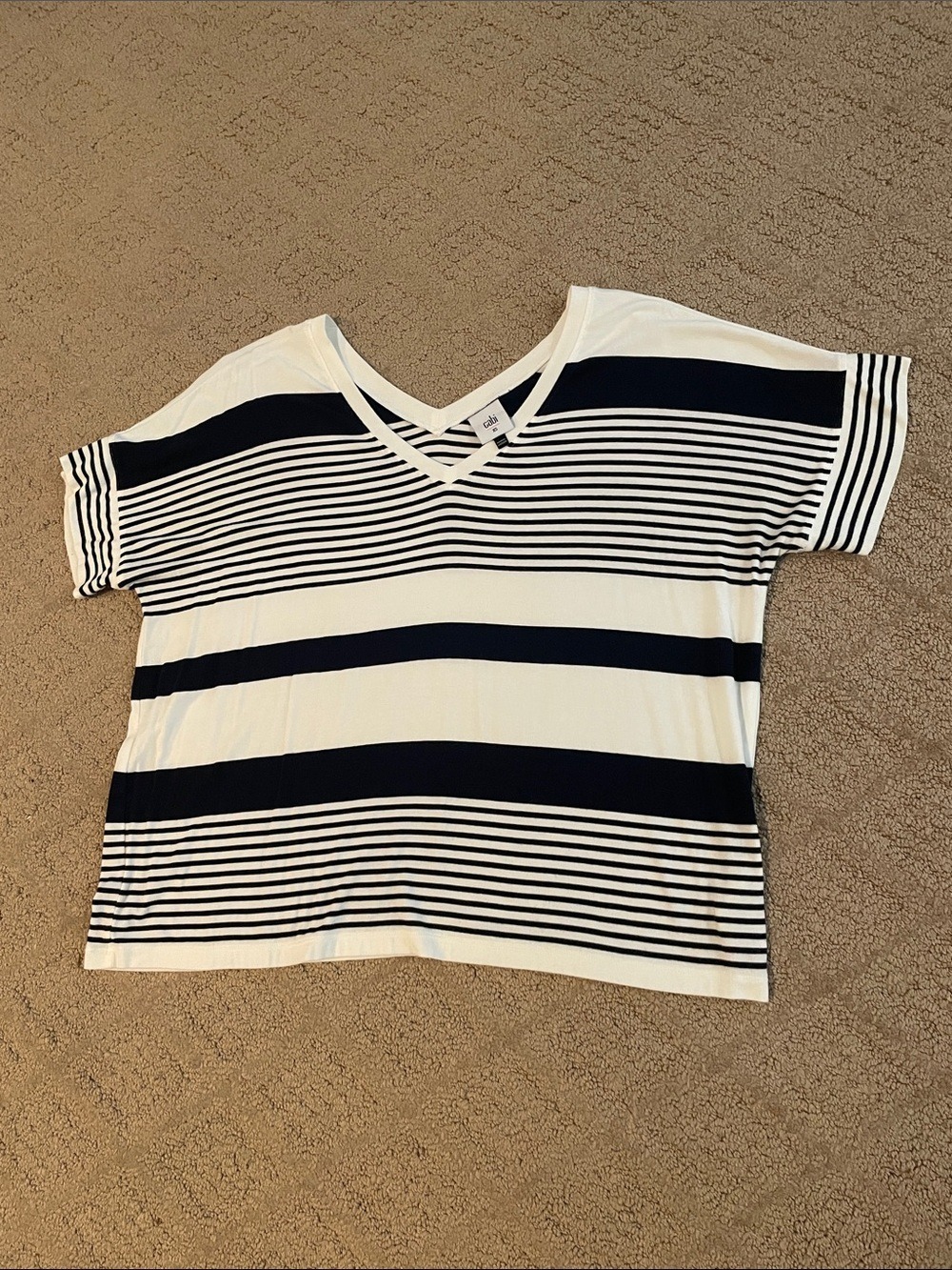 CAbi Navy and White Striped V-Neck Short Sleeve Tee